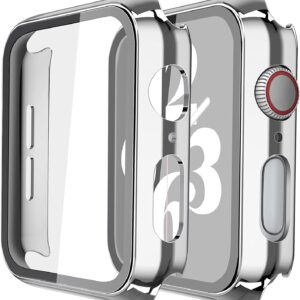 Misxi 2 Pack Hard PC Case with Tempered Glass Screen Protector Compatible with Apple Watch Series 6 SE Series 5 Series 4, 1 Silver + 1 Transparent, 40mm