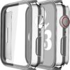 Misxi 2 Pack Hard PC Case with Tempered Glass Screen Protector Compatible with Apple Watch Series 7 45mm, Ultra-Thin Overall Protective Cover for iWatch S7, 1 Silver + 1 Transparent