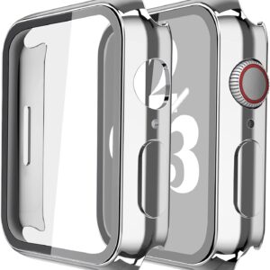 Misxi 2 Pack Hard PC Case with Tempered Glass Screen Protector Compatible with Apple Watch Series 7 41mm, Ultra-Thin Overall Protective Cover for iWatch S7, 1 Silver + 1 Transparent