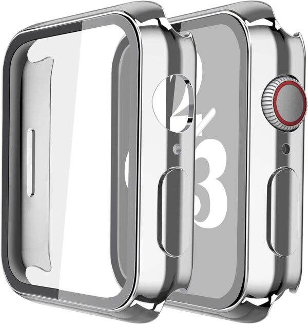 Misxi 2 Pack Hard PC Case with Tempered Glass Screen Protector Compatible with Apple Watch Series 7 41mm, Ultra-Thin Overall Protective Cover for iWatch S7, 1 Silver + 1 Transparent