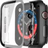 Misxi 2 Pack PC Case with Tempered Glass Screen Protector Compatible with Apple Watch Series 6 SE Series 5 Series 4 40mm, Overall Shockproof Protective Cover for iWatch, 1 Black + 1 Transparent
