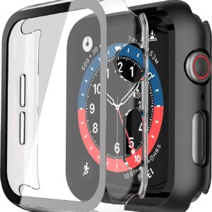 Misxi 2 Pack PC Case with Tempered Glass Screen Protector Compatible with Apple Watch Series 6 SE Series 5 Series 4 44mm, Overall Shockproof Protective Cover for iWatch, 1 Black + 1 Transparent