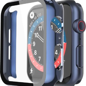 Misxi 2 Pack Hard PC Case with Tempered Glass Screen Protector Compatible with Apple Watch Series 6 SE Series 5 Series 4, 1 Blue + 1 Transparent, 44mm