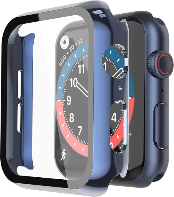 Misxi 2 Pack Hard PC Case with Tempered Glass Screen Protector Compatible with Apple Watch Series 6 SE Series 5 Series 4, 1 Blue + 1 Transparent, 44mm