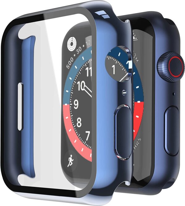 Misxi 2 Pack Hard PC Case with Tempered Glass Screen Protector Compatible with Apple Watch Series 7 41mm, Ultra-Thin Overall Protective Cover for iWatch S7, 1 Blue + 1 Transparent
