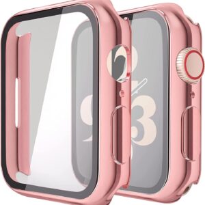 Misxi 2 Pack Hard PC Case with Tempered Glass Screen Protector Compatible with Apple Watch Series 7 41mm, Ultra-Thin Overall Protective Cover for iWatch S7, 1 Rose Pink + 1 Transparent