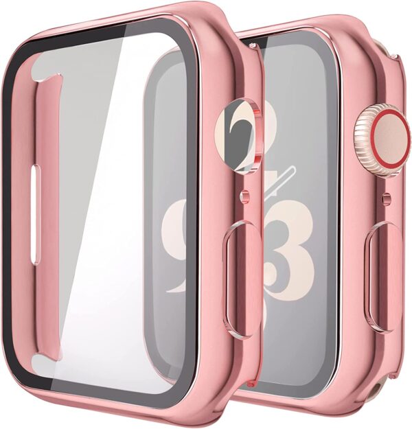 Misxi 2 Pack Hard PC Case with Tempered Glass Screen Protector Compatible with Apple Watch Series 7 41mm, Ultra-Thin Overall Protective Cover for iWatch S7, 1 Rose Pink + 1 Transparent