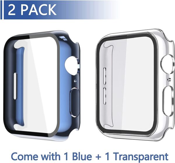 Misxi 2 Pack Hard PC Case with Tempered Glass Screen Protector Compatible with Apple Watch Series 7 41mm, Ultra-Thin Overall Protective Cover for iWatch S7, 1 Blue + 1 Transparent - Image 2