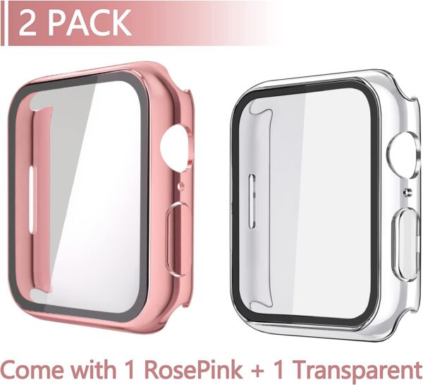 Misxi 2 Pack Hard PC Case with Tempered Glass Screen Protector Compatible with Apple Watch Series 7 41mm, Ultra-Thin Overall Protective Cover for iWatch S7, 1 Rose Pink + 1 Transparent - Image 2