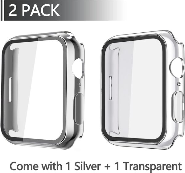 Misxi 2 Pack Hard PC Case with Tempered Glass Screen Protector Compatible with Apple Watch Series 7 41mm, Ultra-Thin Overall Protective Cover for iWatch S7, 1 Silver + 1 Transparent - Image 2