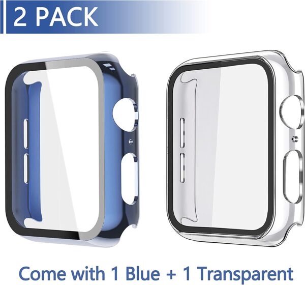 Misxi 2 Pack Hard PC Case with Tempered Glass Screen Protector Compatible with Apple Watch Series 6 SE Series 5 Series 4, 1 Blue + 1 Transparent, 44mm - Image 2