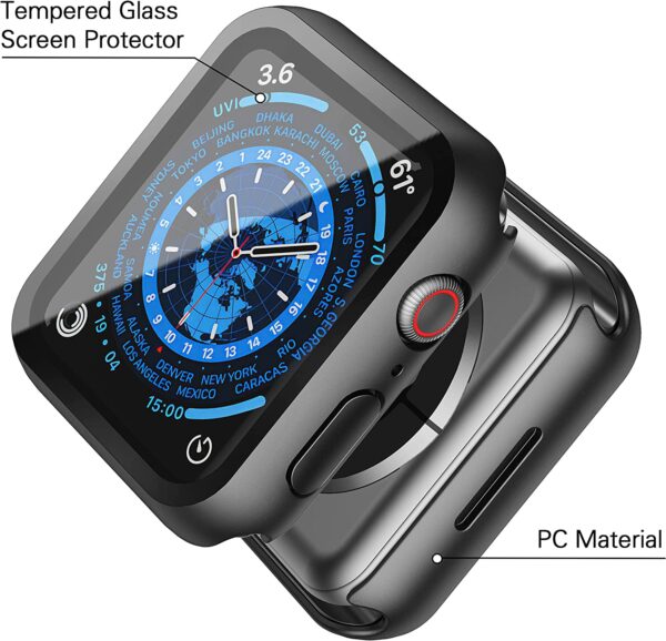 Misxi 2 Pack Hard PC Case with Tempered Glass Screen Protector Compatible with Apple Watch Series 7 45mm, Ultra-Thin Scratch Resistant Overall Protective Cover for iWatch S7, Black - Image 3