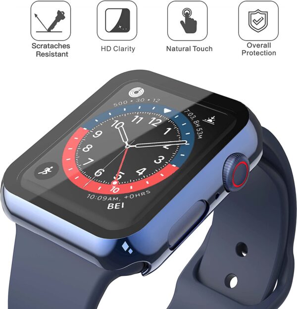 Misxi 2 Pack Hard PC Case with Tempered Glass Screen Protector Compatible with Apple Watch Series 7 41mm, Ultra-Thin Overall Protective Cover for iWatch S7, 1 Blue + 1 Transparent - Image 3