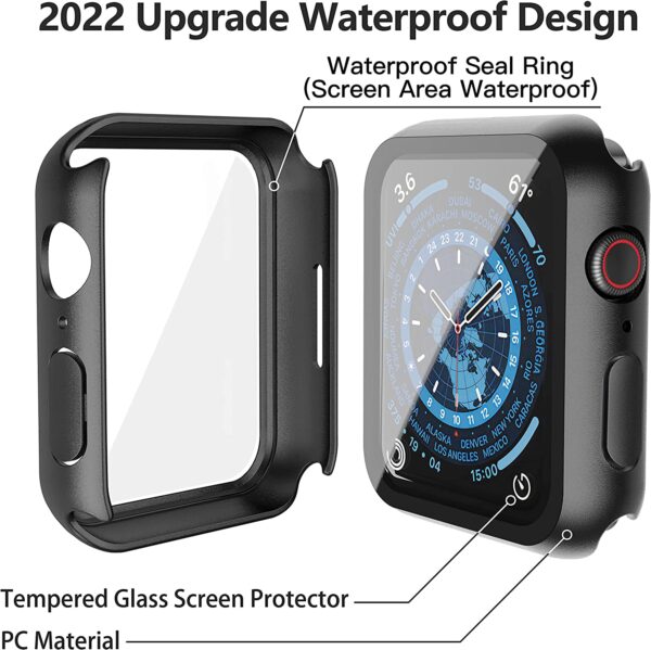 Misxi 2 Pack Waterproof Black Hard Case with Tempered Glass Compatible with Apple Watch Series 7 45mm, Ultra-Thin Durable Protective Cover for iWatch Screen Protector - Image 4