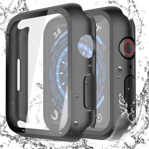 Misxi 2 Pack Waterproof Black Hard Case with Tempered Glass Compatible with Apple Watch Series 7 45mm, Ultra-Thin Durable Protective Cover for iWatch Screen Protector