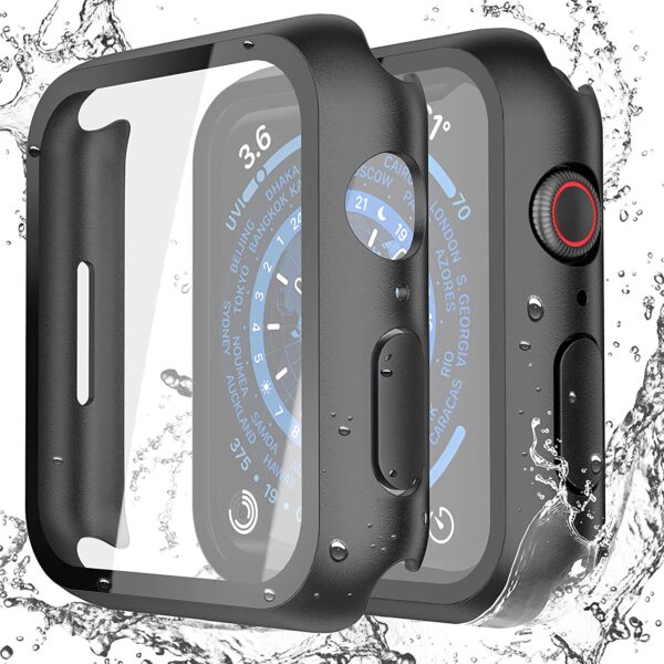 Misxi 2 Pack Waterproof Black Hard Case with Tempered Glass Compatible with Apple Watch Series 7 45mm, Ultra-Thin Durable Protective Cover for iWatch Screen Protector